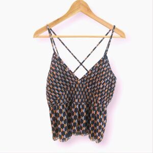 Anthropologie Mesh Tank Top Baby Doll Peplum Navy Polka Dot Large